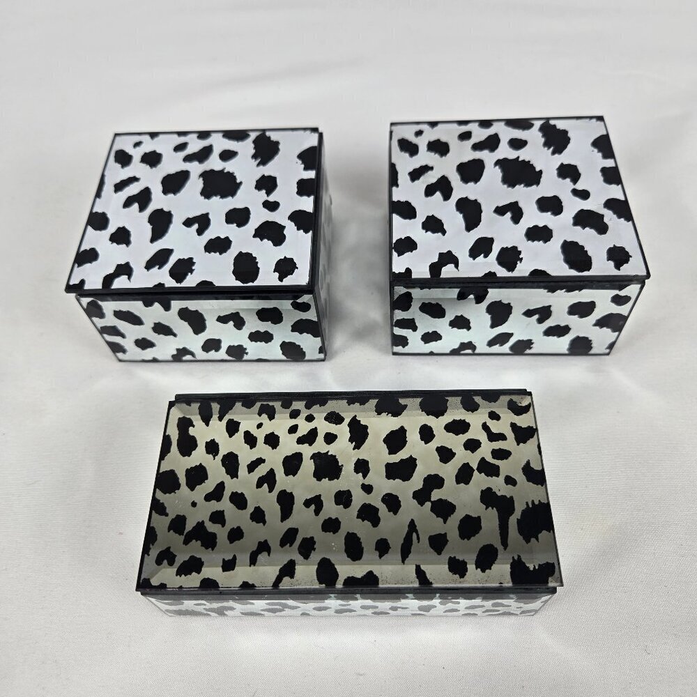 Set of 3 Mirrored Animal Print Boxes Black Velvet Interior Lifts Lift Up